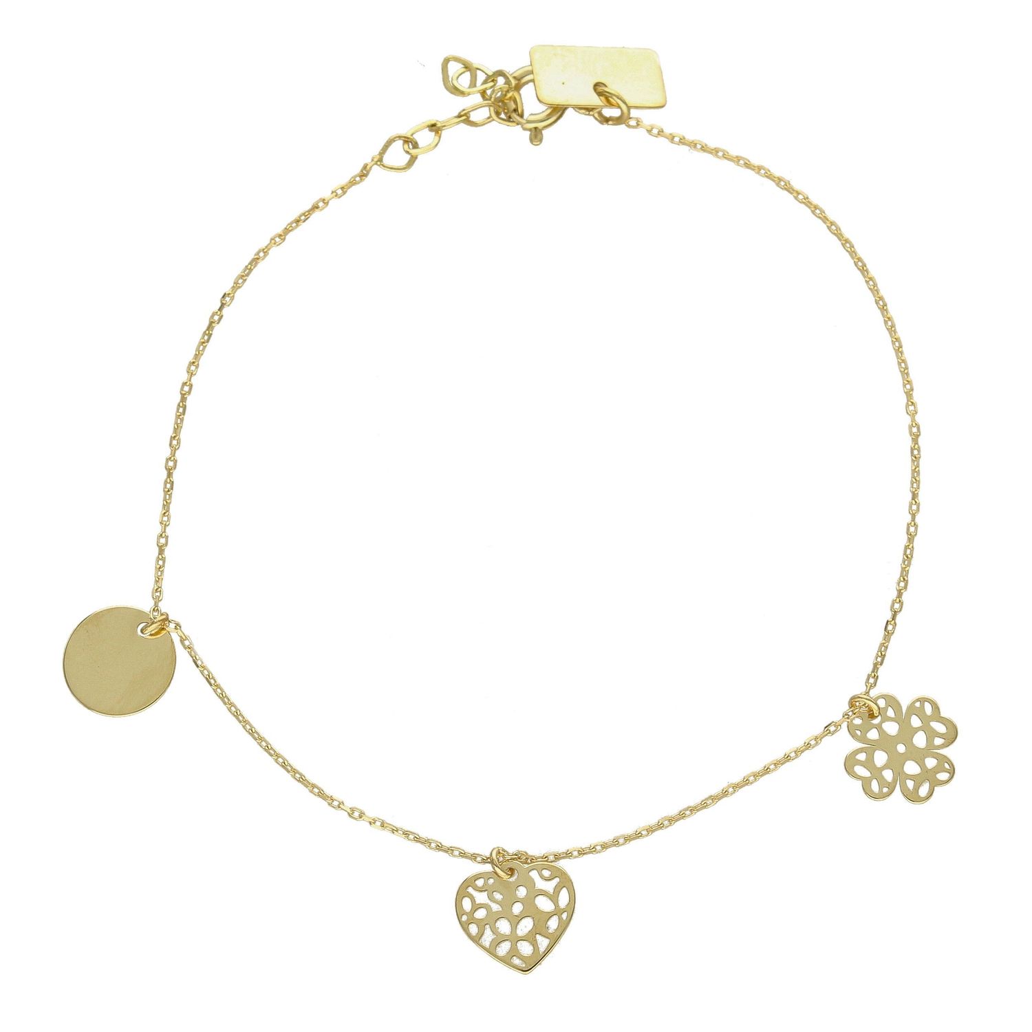 Złota bransoletka celebrytka z zawieszkami serce, koniczynka, kółko BR 5740.jpg